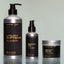 A bottle of Bold Fortune Utility Beard Softener, Beard Oil and Utility Beard Balm against a grey background.